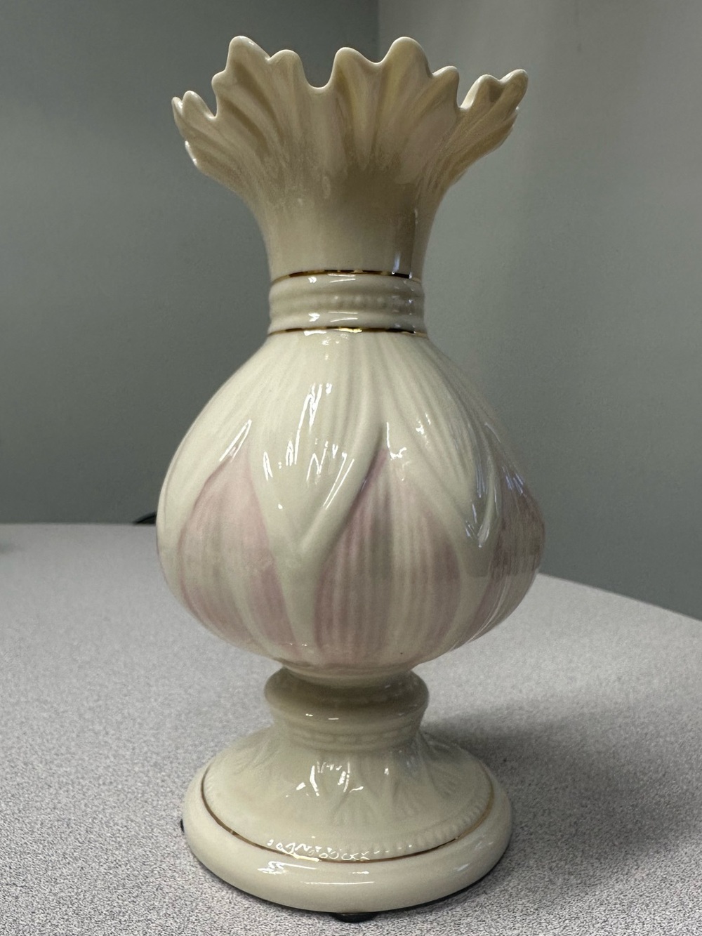Vintage Belleek Ireland pink and Cream Porcelain Lotus Blossom Vase